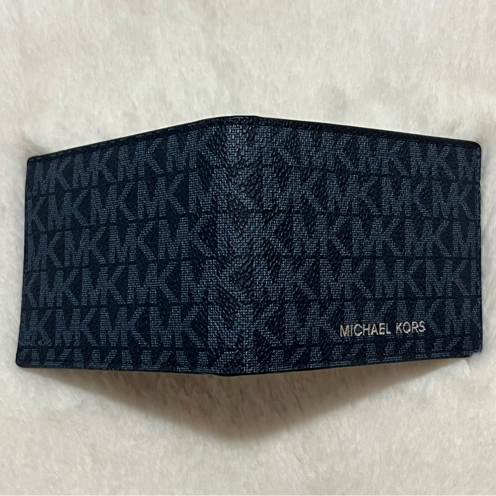 New Michael Kors Signature Blue Logo Monogram Bifold Flap Card Holder Wallet - Picture 3 of 8